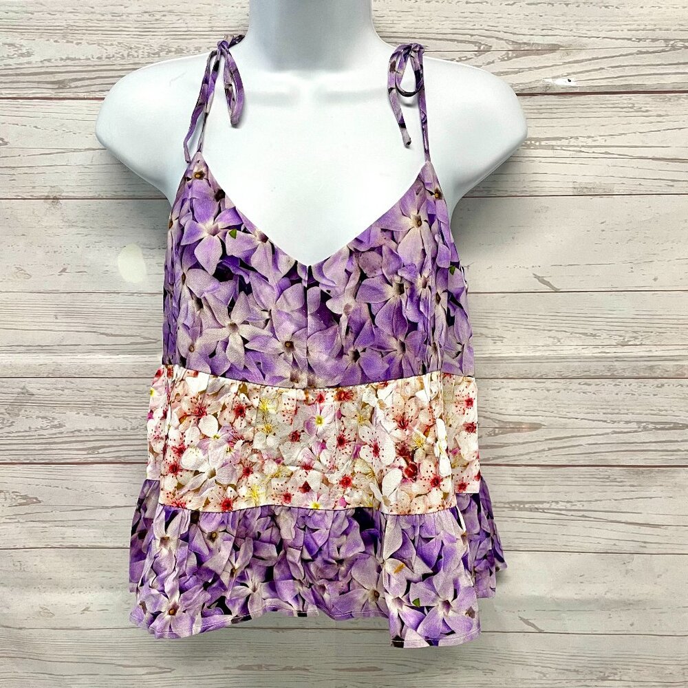 Desigual Floral Violet Digital Print Tiered Tie Top Blouse Retail: $79.95
